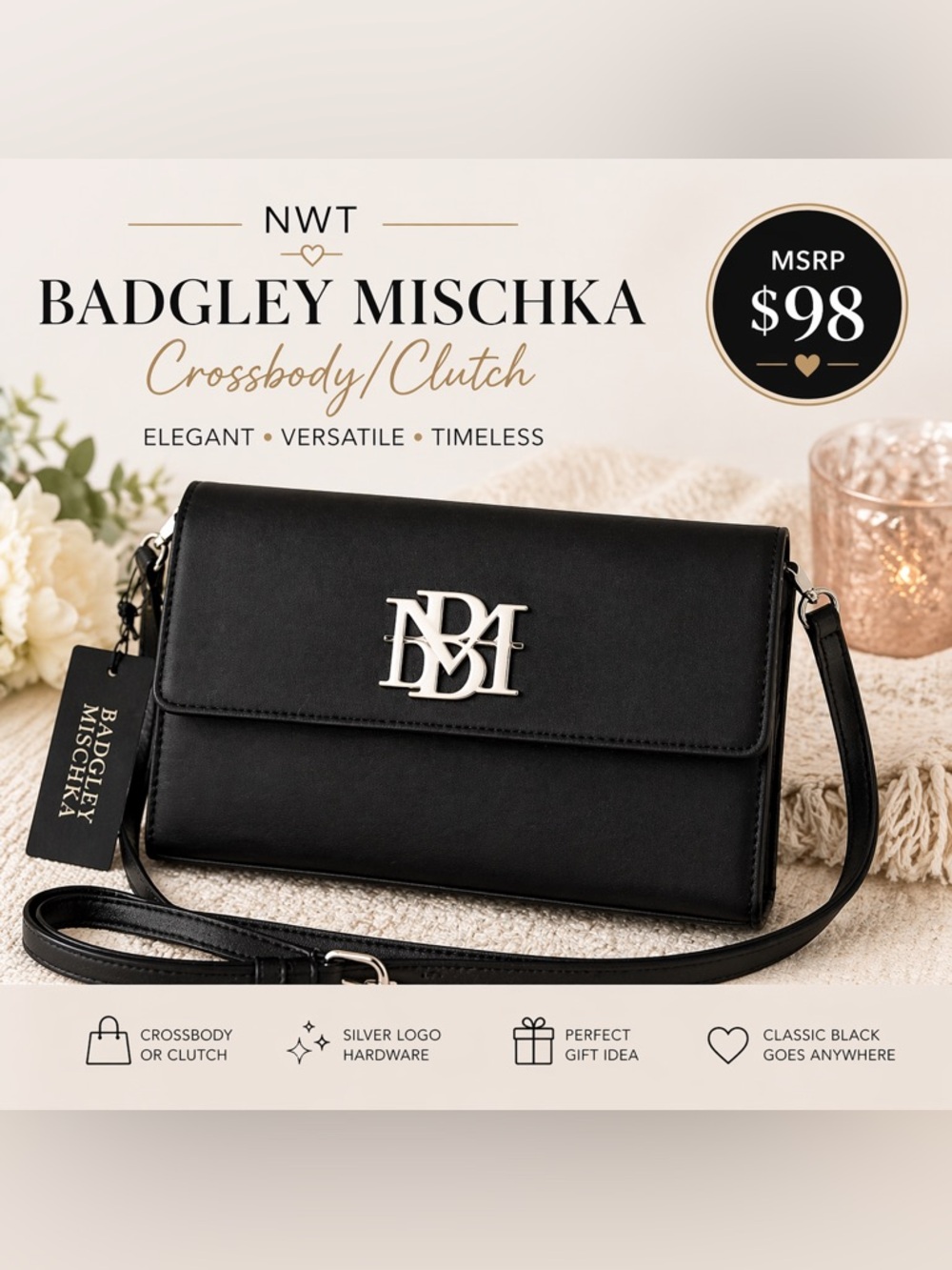 NWT Badgley Mischka Black Crossbody Bag Clutch Purse Silver Logo MSRP $98